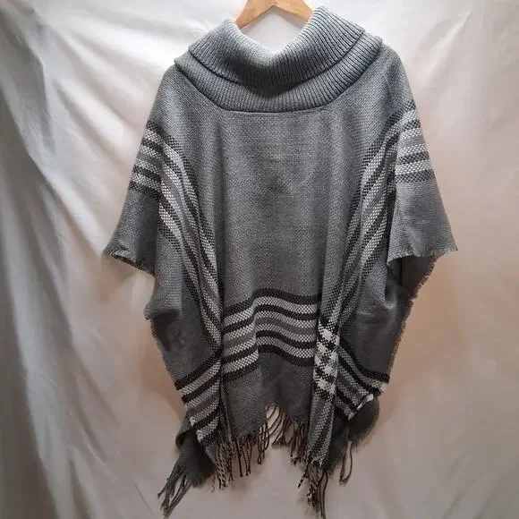 Fraas Cowl Neck Fringe Plaid Sweater Pullover Poncho Gray Plaid Women - One Size - Picture 5 of 8